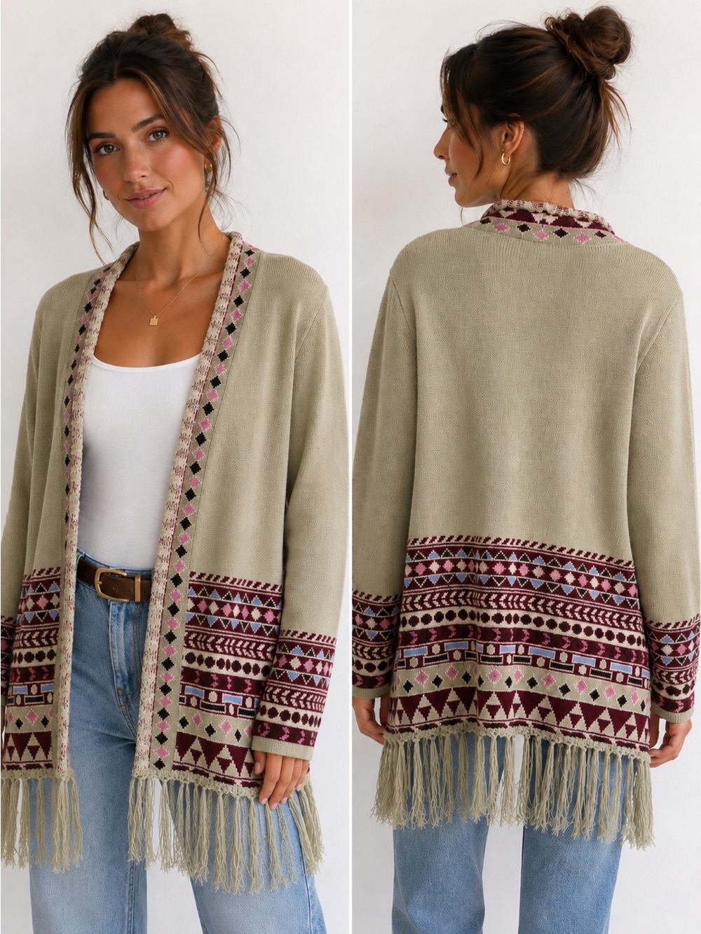 100% Cotton Vicki Wayne Boho Southwestern Festival Open-Front Fringe Cardigan M